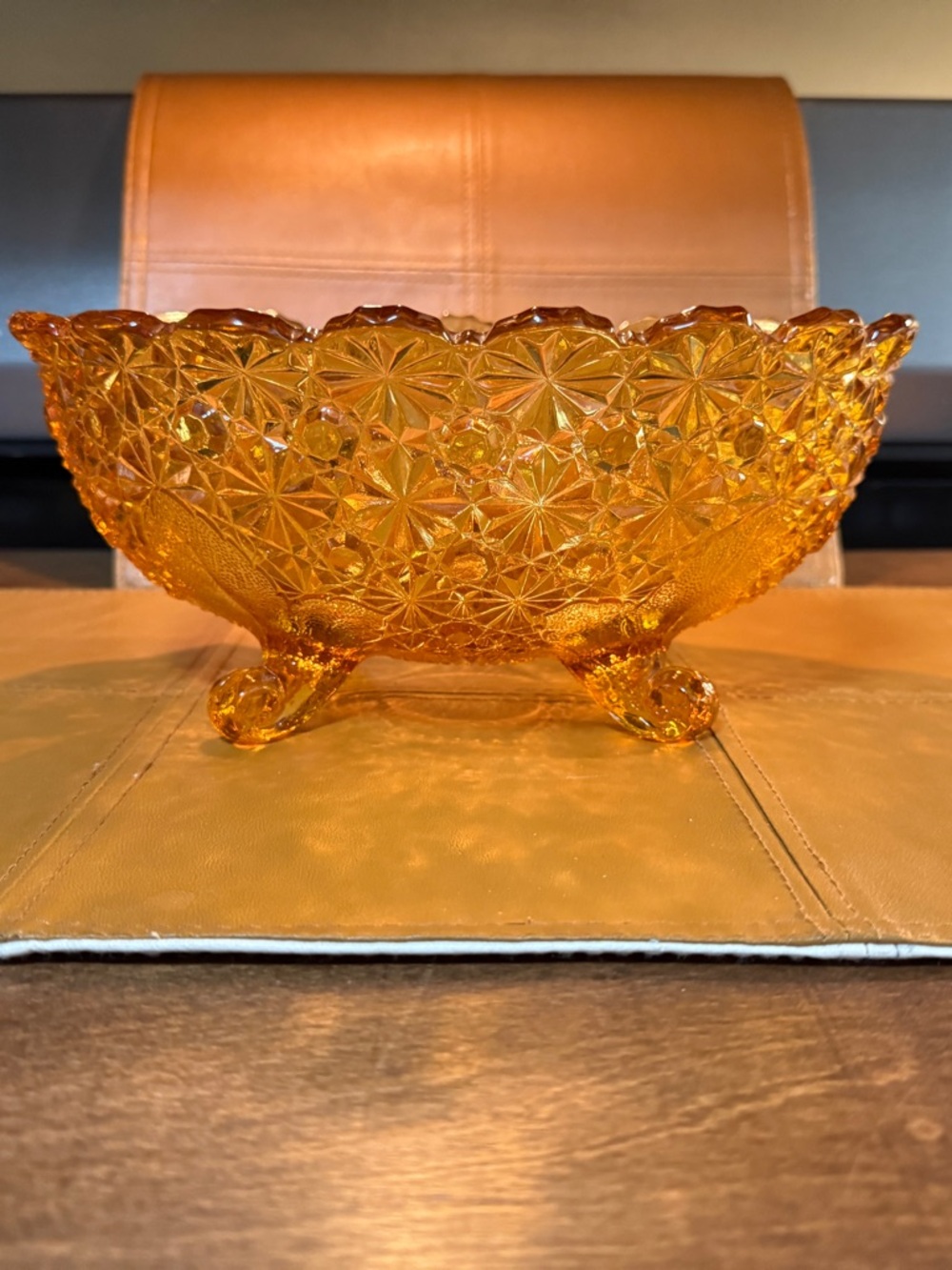 Fenton Amber Pressed Glass Footed Bowl